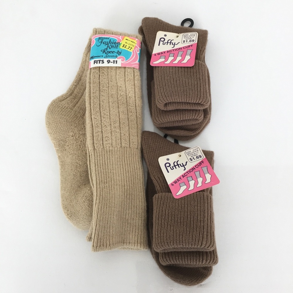 Vintage Deadstock Socks Bundle 1 Beige Rib-Knit Knee-Hi & 2 Crew NEW 70’s 80’s